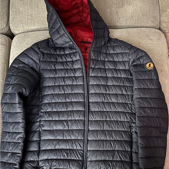 SAVE THE DUCK Blue Puffer Jacket with Red Lining 100% animal free!